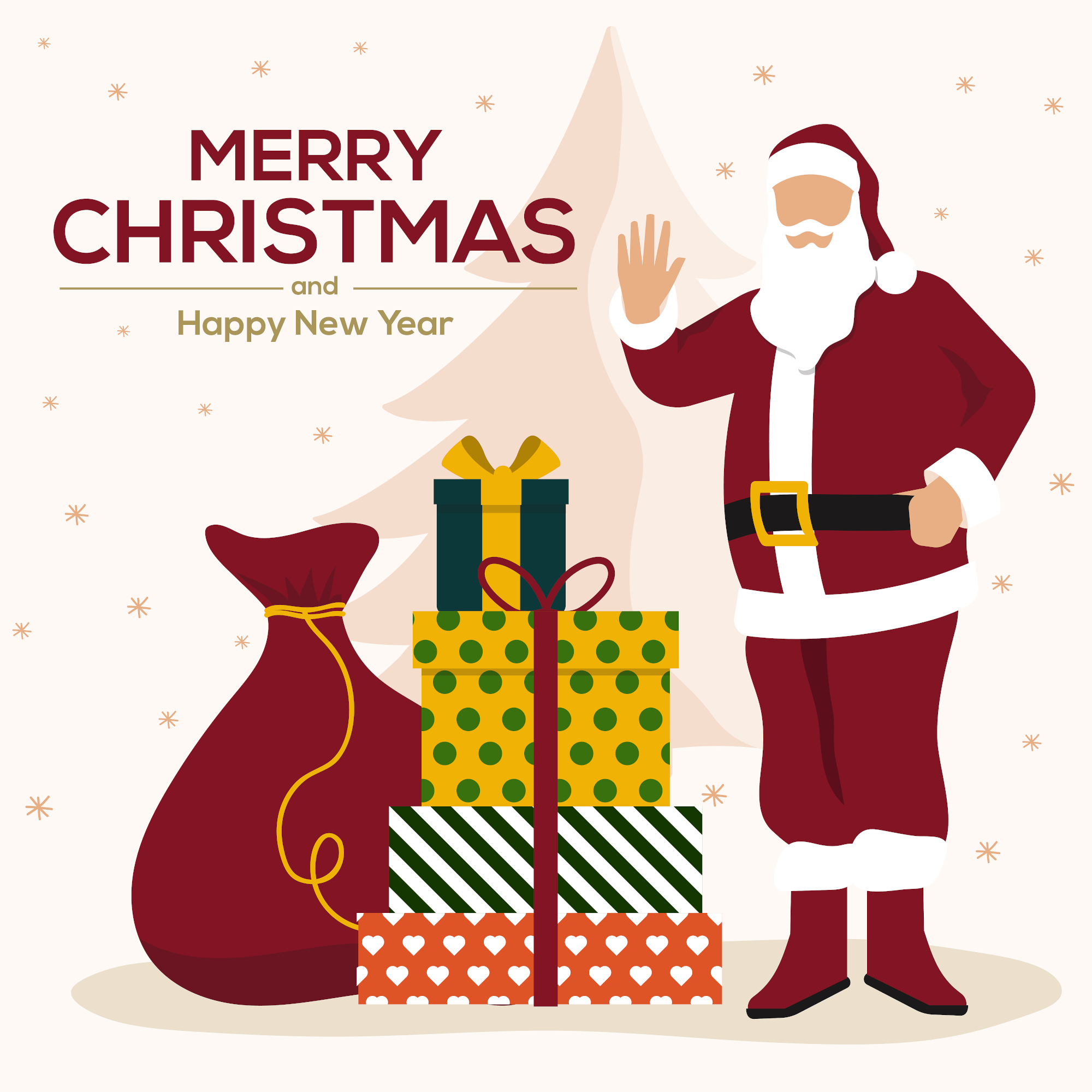 Christmas card. Santa Claus with huge red bag with presents and giftboxes. Can be used as Christmas and New Year posters, gift tags, greeting card and labels.